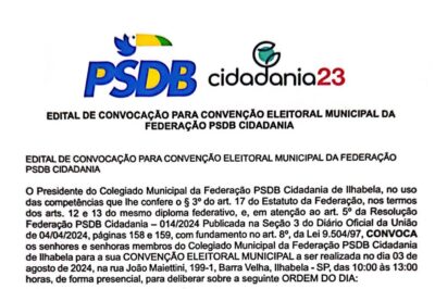 Edital de Convocação para Convenção Eleitoral Municipal da Federação PSDB Cidadania